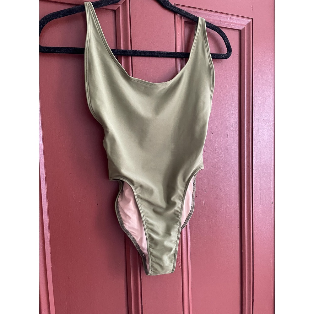 American Apparel Olive Green High Cut One Piece Swimsuit XS Scoop Back Bodysuit - Picture 3 of 6